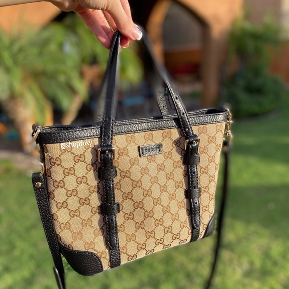 SOLD Gucci GG Monogram Canvas Leather Trim Tote